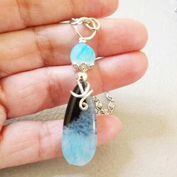 Seafoam! Aqua + Black Teardrop Agate Pendant + Ornate Chain - Boho Beachy Casual - Picture 4 of 7